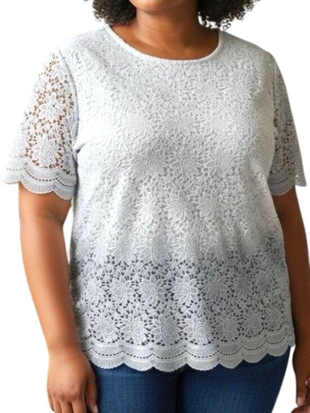 Alfred Dunner SS Sweater Blouse White-Grey Ombre Floral Lace Overlay Scallop Hem